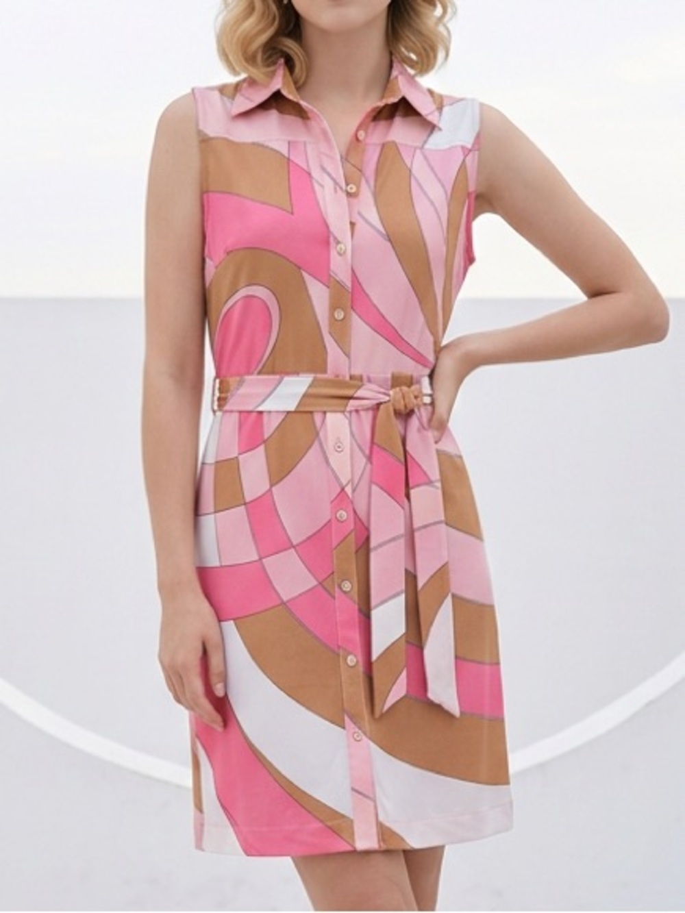 New York & Company Pink & Brown Sleeveless Belted Dress